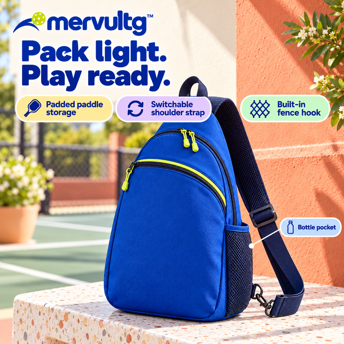 mervultg™ Courtline Pickleball Sling Bag — Crossbody Paddle Bag with Bottle Pocket & Fence Hook