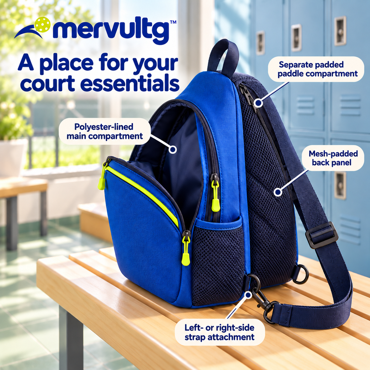 mervultg™ Courtline Pickleball Sling Bag — Crossbody Paddle Bag with Bottle Pocket & Fence Hook