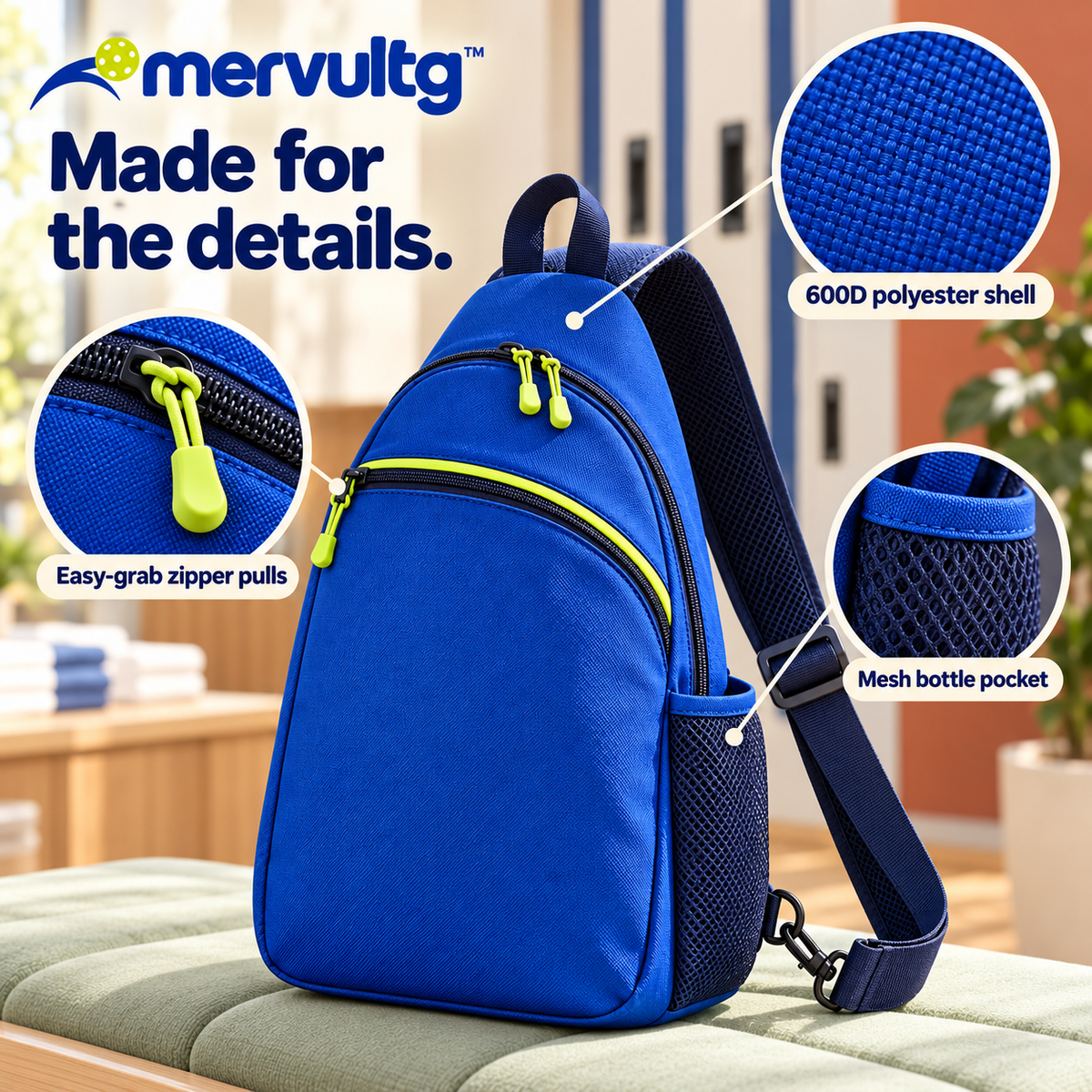 mervultg™ Courtline Pickleball Sling Bag — Crossbody Paddle Bag with Bottle Pocket & Fence Hook