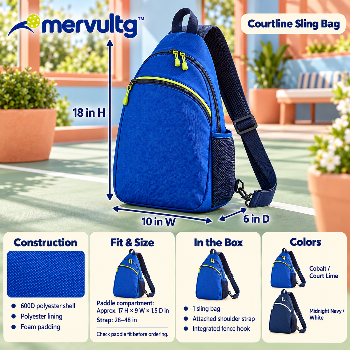 mervultg™ Courtline Pickleball Sling Bag — Crossbody Paddle Bag with Bottle Pocket & Fence Hook