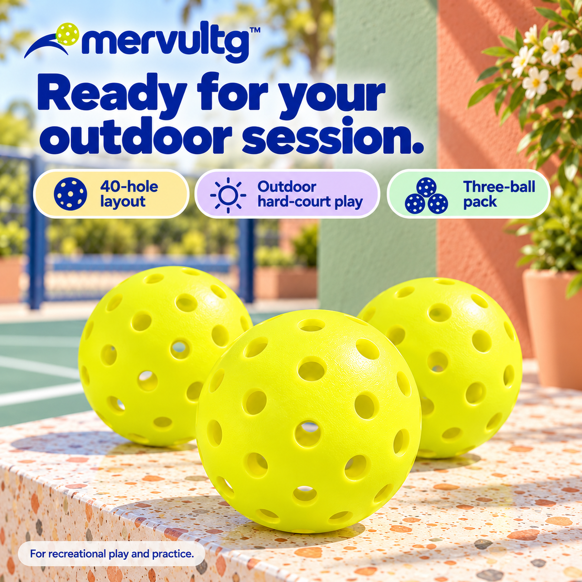 mervultg™ Open Court Outdoor Pickleballs — 40-Hole Recreational Practice Balls, 3-Pack