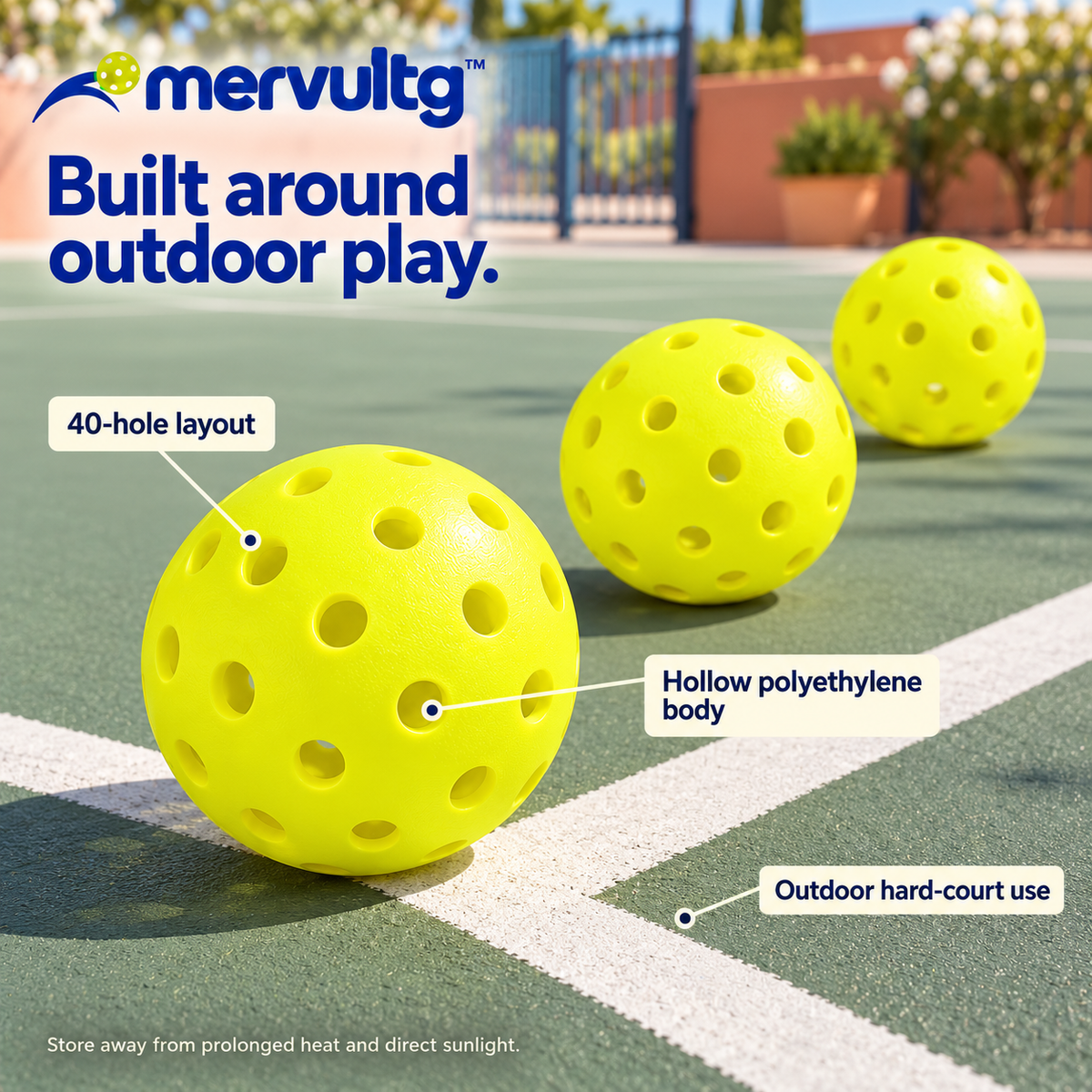 mervultg™ Open Court Outdoor Pickleballs — 40-Hole Recreational Practice Balls, 3-Pack
