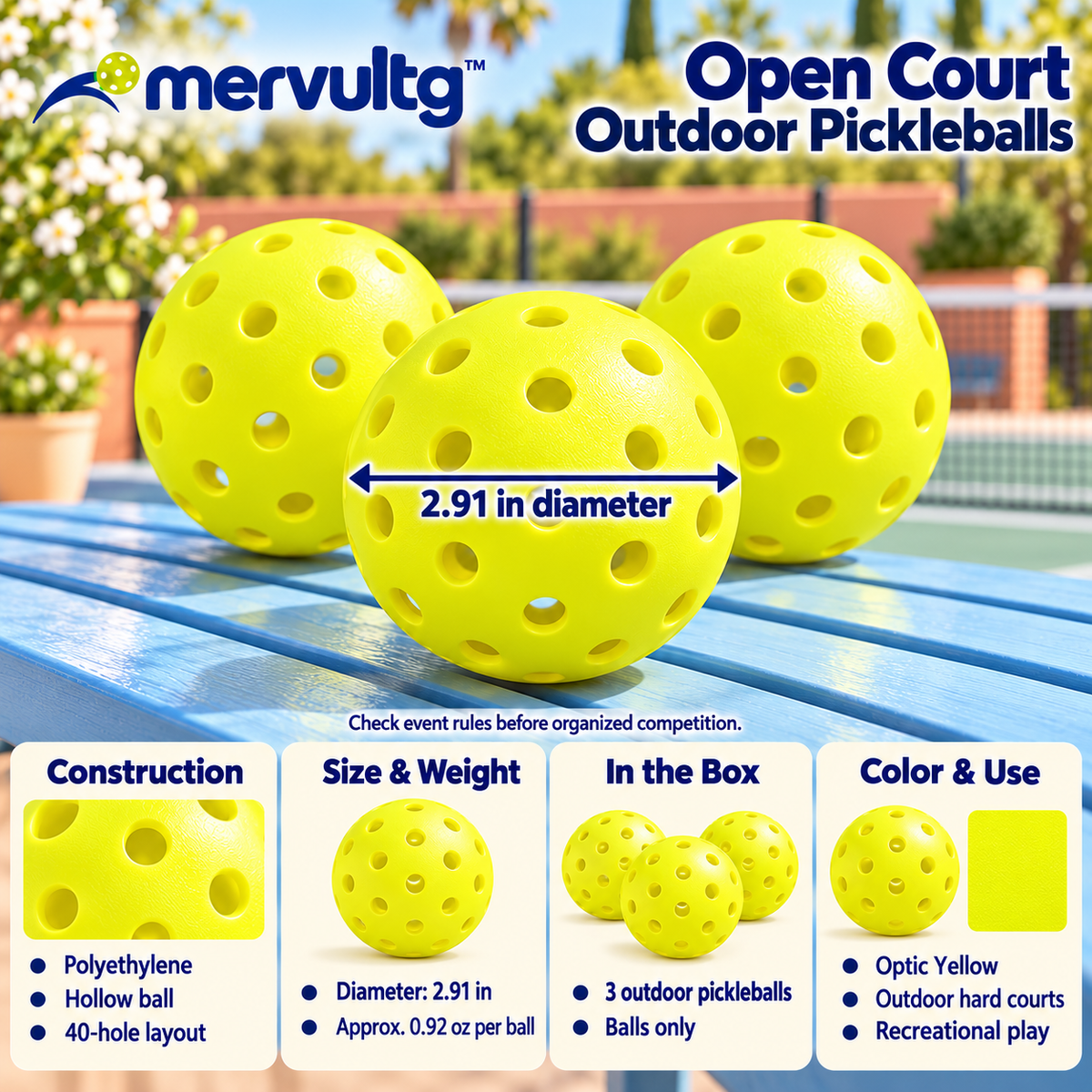 mervultg™ Open Court Outdoor Pickleballs — 40-Hole Recreational Practice Balls, 3-Pack