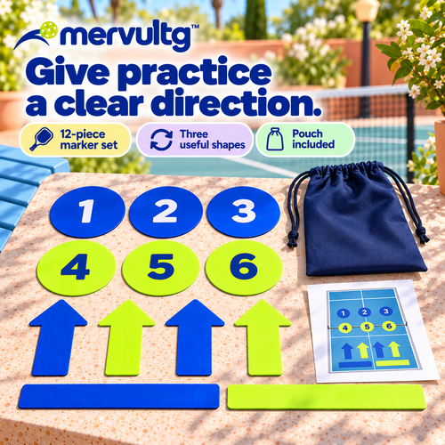 mervultg™ Practice Grid Pickleball Training Markers — Flat Court Spot & Direction Set, 12 Pieces