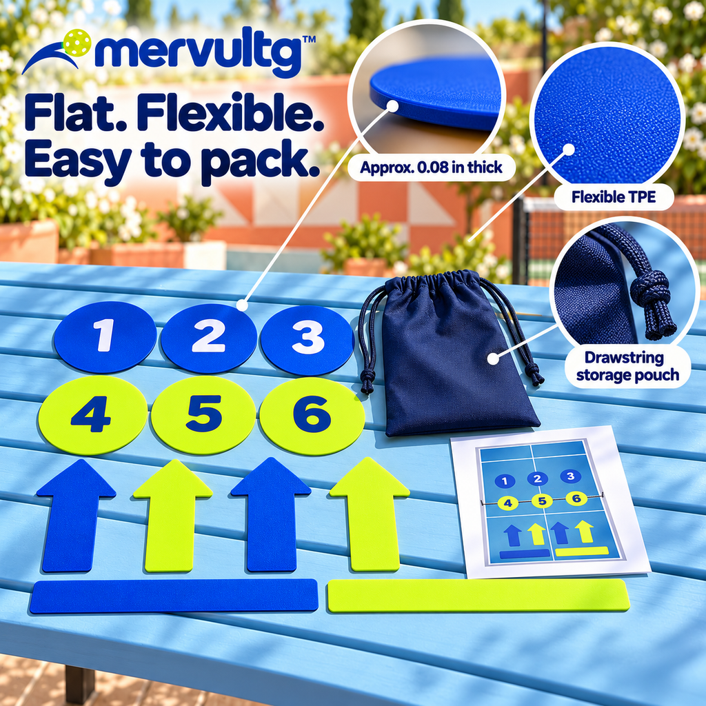 mervultg™ Practice Grid Pickleball Training Markers — Flat Court Spot & Direction Set, 12 Pieces