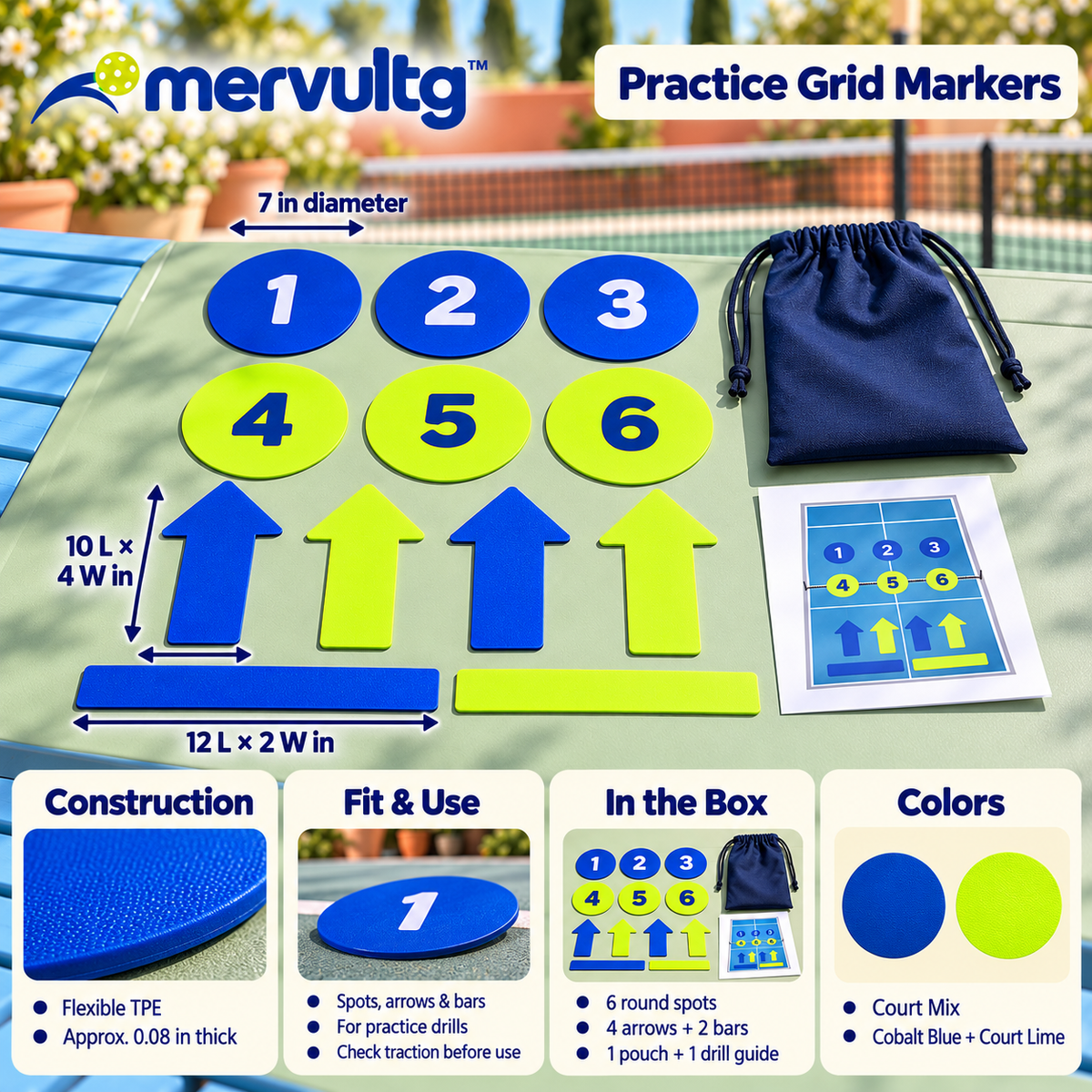 mervultg™ Practice Grid Pickleball Training Markers — Flat Court Spot & Direction Set, 12 Pieces