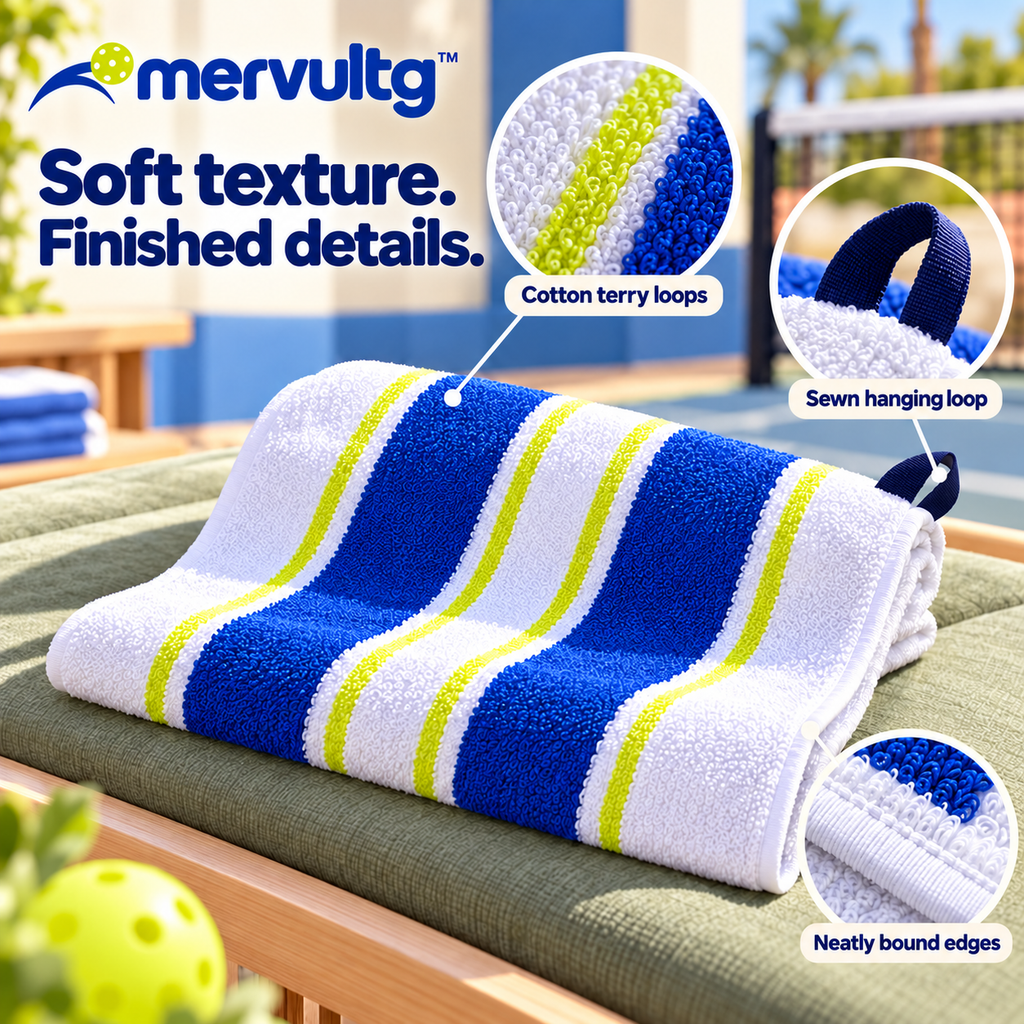 mervultg™ Court Stripe Pickleball Towel — Cotton Terry Sports Towel with Hanging Loop, 16" × 24"