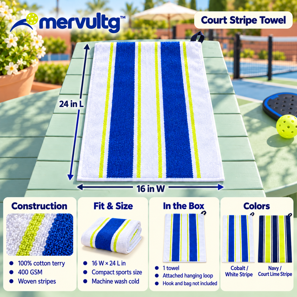 mervultg™ Court Stripe Pickleball Towel — Cotton Terry Sports Towel with Hanging Loop, 16" × 24"