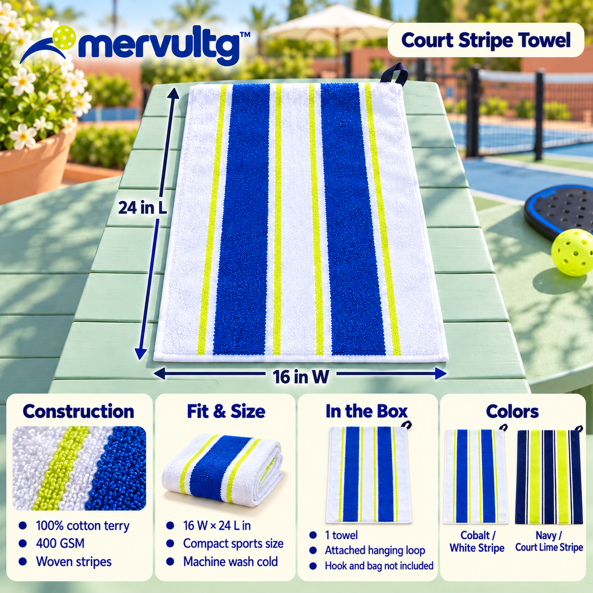 mervultg™ Court Stripe Pickleball Towel — Cotton Terry Sports Towel with Hanging Loop, 16" × 24"