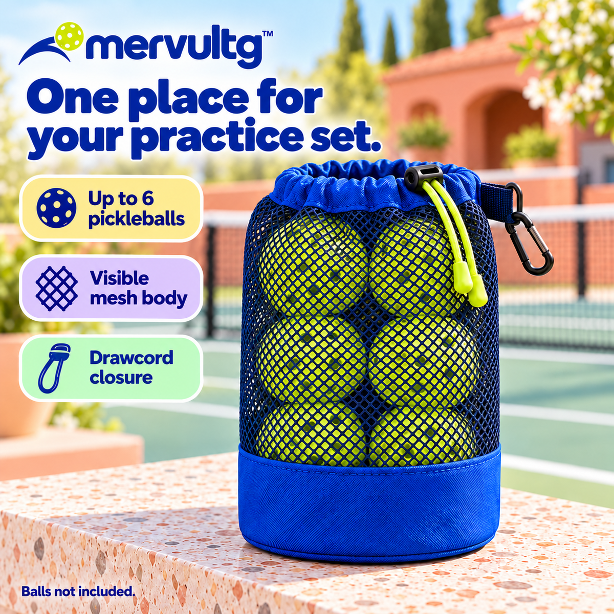 mervultg™ Ball Pocket Pickleball Pouch — Six-Ball Mesh Storage Bag with Clip