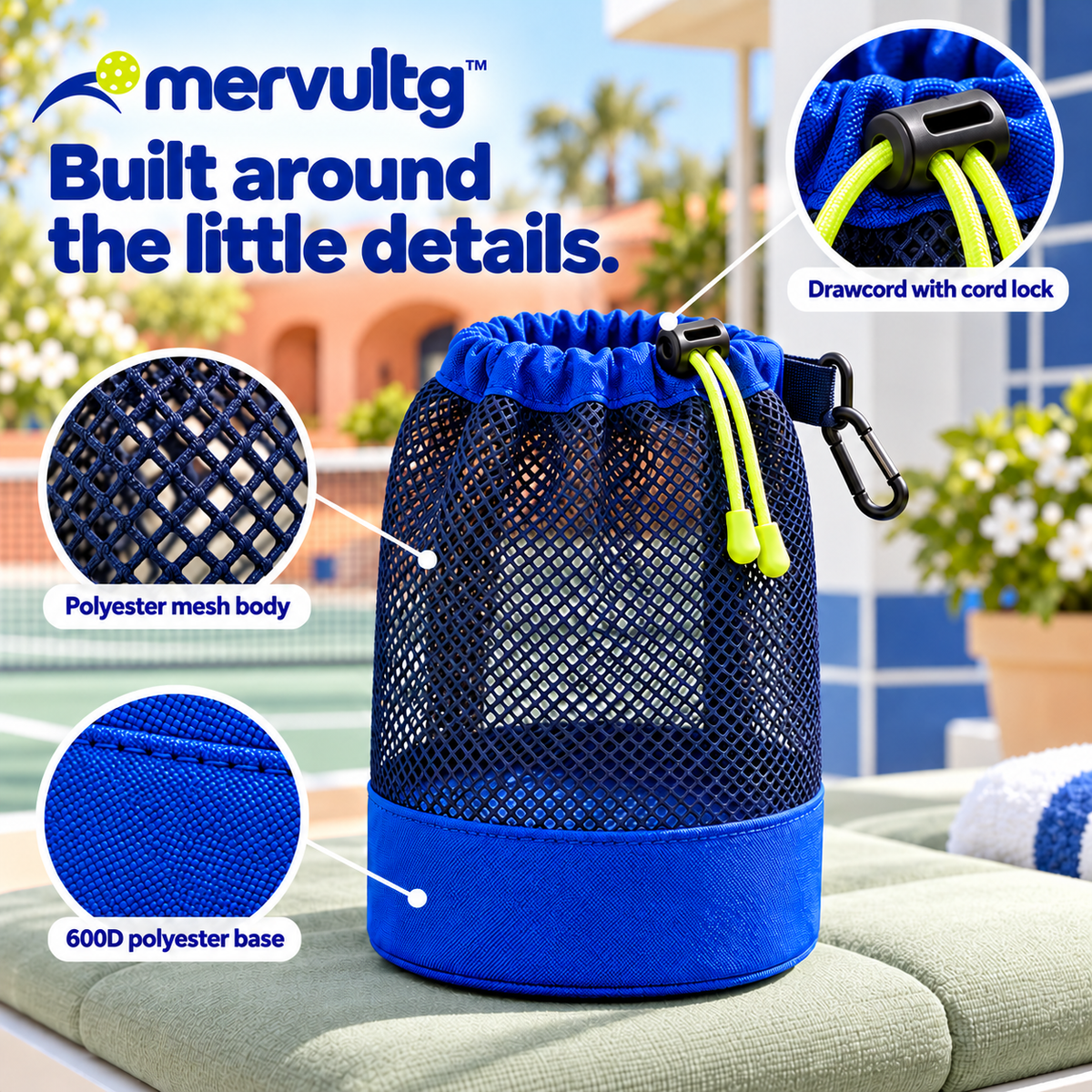 mervultg™ Ball Pocket Pickleball Pouch — Six-Ball Mesh Storage Bag with Clip