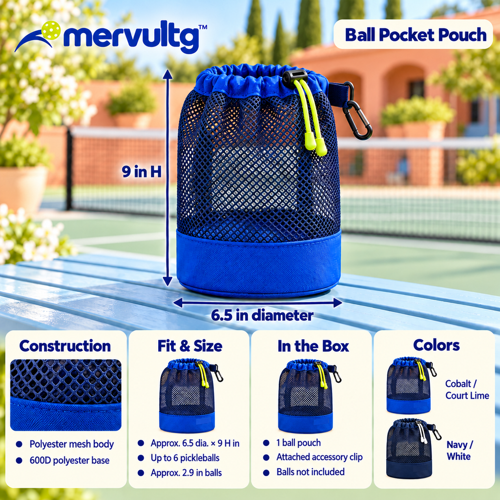 mervultg™ Ball Pocket Pickleball Pouch — Six-Ball Mesh Storage Bag with Clip