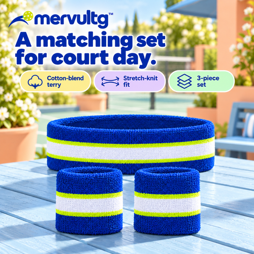 mervultg™ Rally Stripe Sweatband Set — Cotton-Blend Pickleball Headband & Wristbands, 3 Pieces