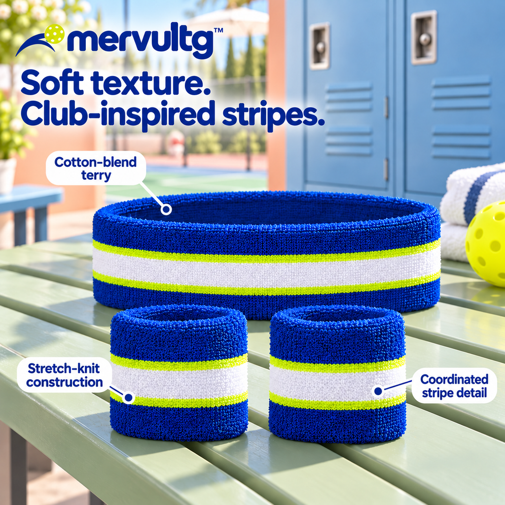mervultg™ Rally Stripe Sweatband Set — Cotton-Blend Pickleball Headband & Wristbands, 3 Pieces