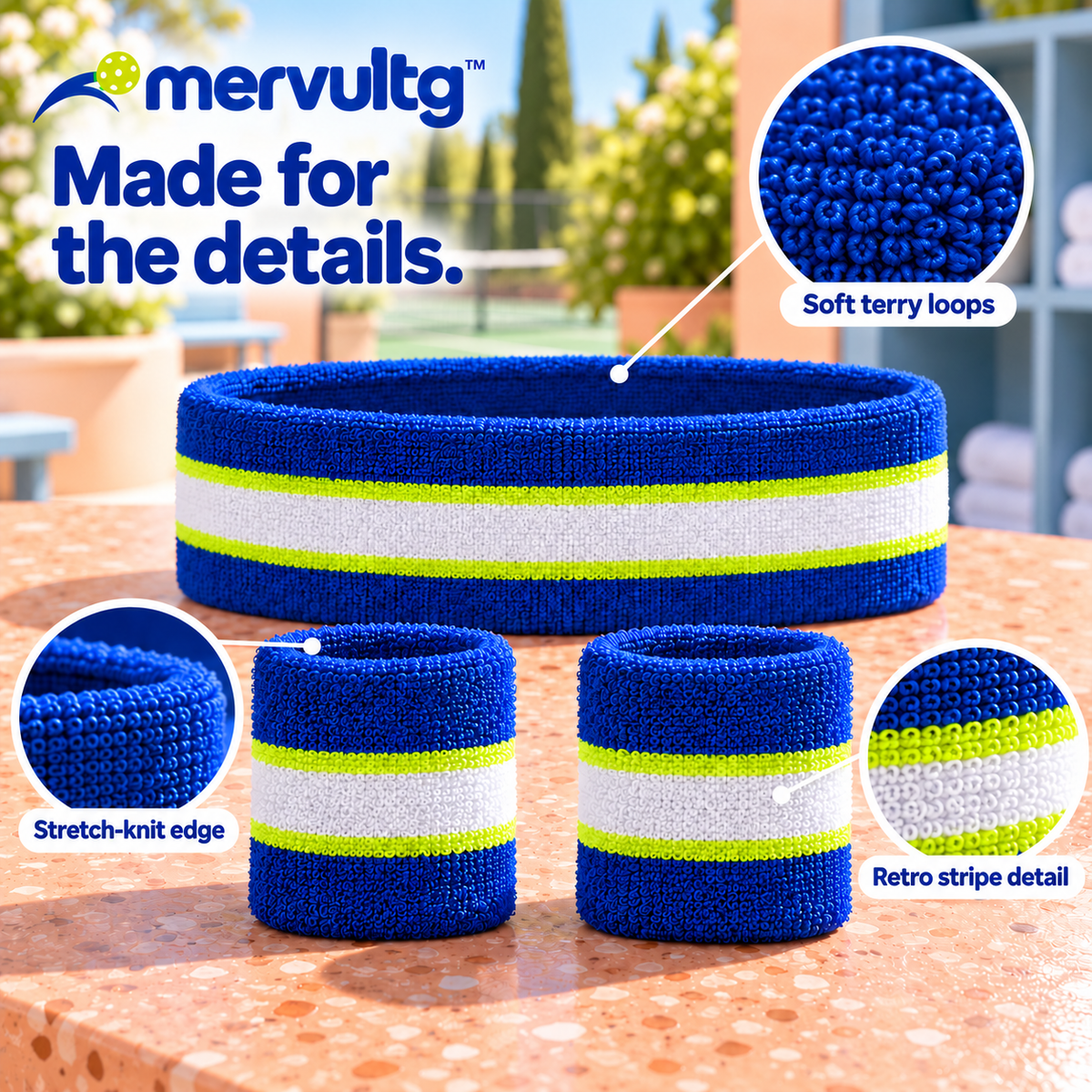 mervultg™ Rally Stripe Sweatband Set — Cotton-Blend Pickleball Headband & Wristbands, 3 Pieces