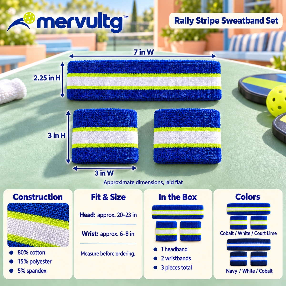 mervultg™ Rally Stripe Sweatband Set — Cotton-Blend Pickleball Headband & Wristbands, 3 Pieces