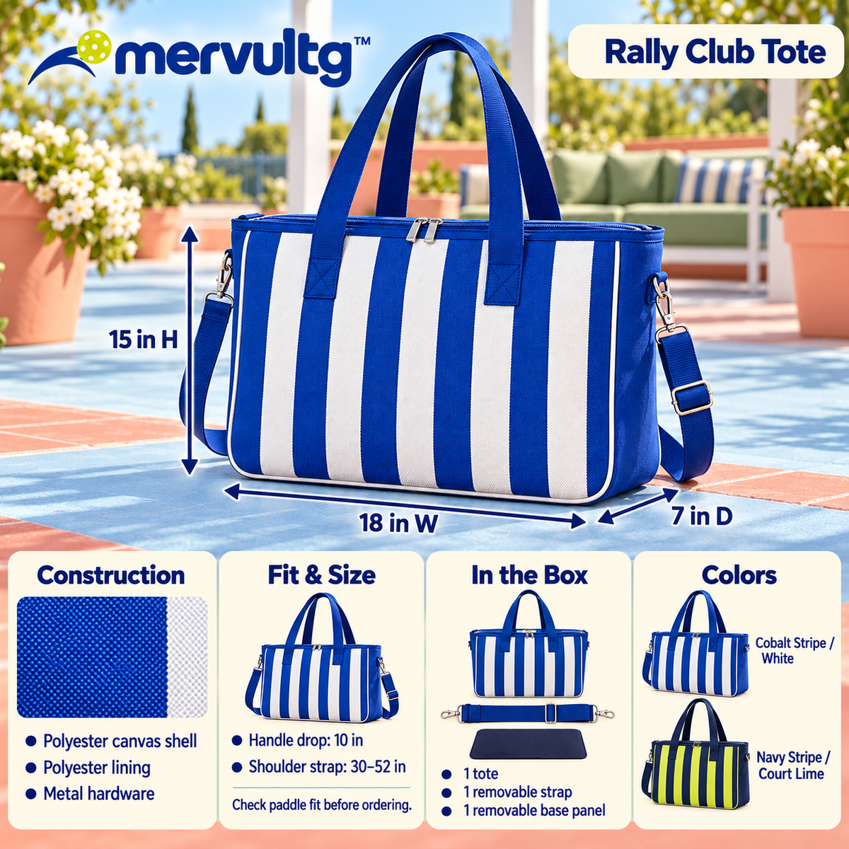 mervultg™ Rally Club Pickleball Tote — Two-Paddle Court Bag with Zip Closure & Removable Shoulder Strap
