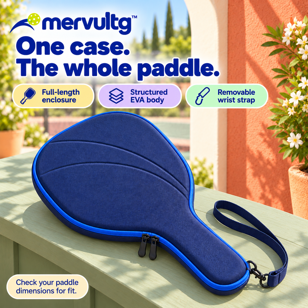 mervultg™ Courtform Pickleball Paddle Case — Full-Length EVA Zip Case with Interior Accessory Pocket
