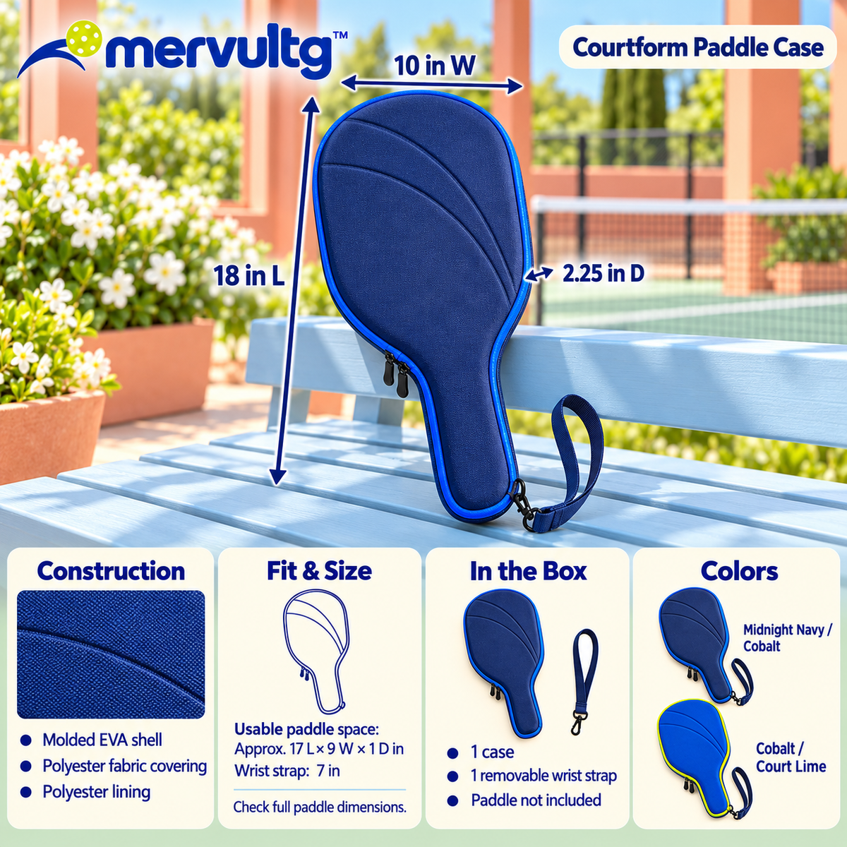 mervultg™ Courtform Pickleball Paddle Case — Full-Length EVA Zip Case with Interior Accessory Pocket