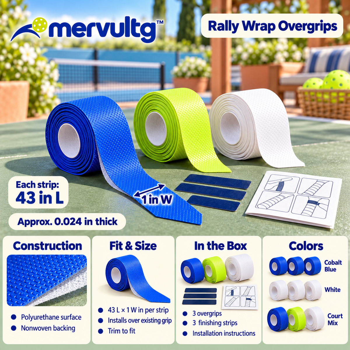 mervultg™ Rally Wrap Pickleball Overgrips — Tacky-Feel Handle Tape, 3-Pack