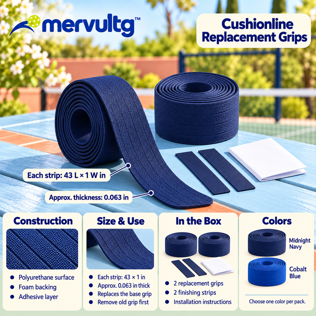 mervultg™ Cushionline Pickleball Replacement Grip — Textured Paddle Handle Wrap, 2-Pack