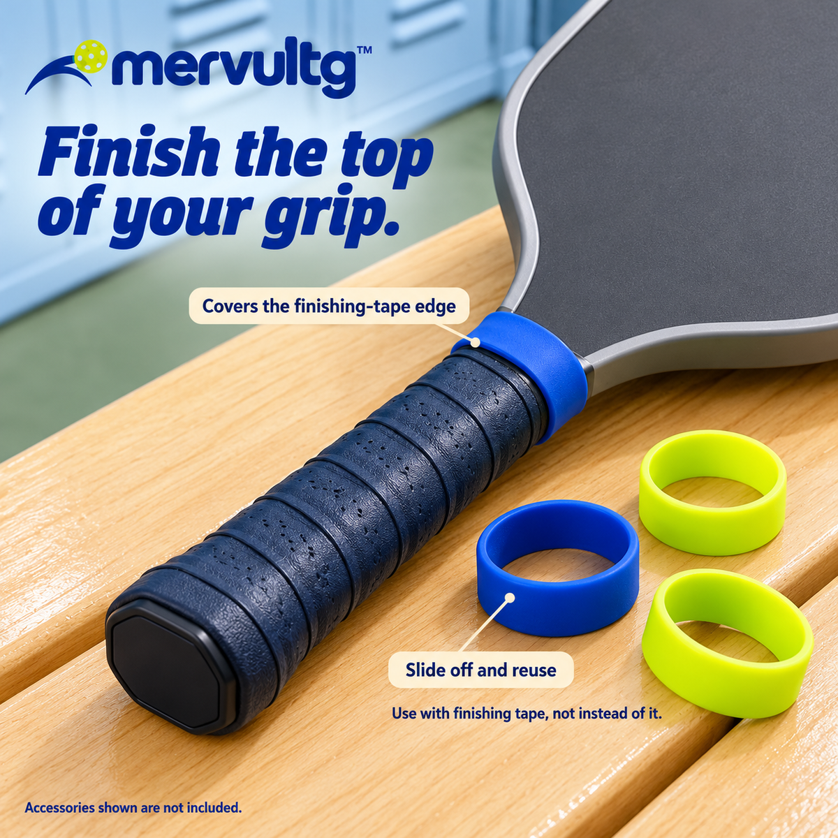 mervultg™ Courtside Grip Bands — Silicone Pickleball Handle Finishing Rings, 4-Pack