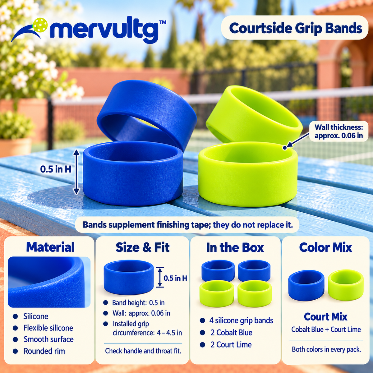 mervultg™ Courtside Grip Bands — Silicone Pickleball Handle Finishing Rings, 4-Pack